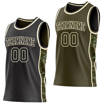Uksn Individuelles Schwarz(Oliv)-Creme Digitale Camouflage Seitenstreifen Wendbar Doppelseitig Sublimation Basketball-Set Trikot
