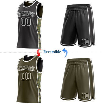 Uksn Individuelles Schwarz(Oliv)-Weiß Digitale Camouflage Seitenstreifen Wendbar Doppelseitig Sublimation Basketball-Set Trikot