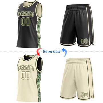 Uksn Individuelles Schwarz Oliv-Creme Digitale Camouflage Seitenstreifen Wendbar Doppelseitig Sublimation Basketball-Set Trikot