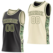 Laden Sie das Bild in den Galerie-Viewer, Uksn Individuelles Schwarz Oliv-Creme Digitale Camouflage Seitenstreifen Wendbar Doppelseitig Sublimation Basketball-Set Trikot
