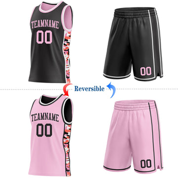 Uksn Individuelles Schwarz Hellrosa-Weiß Digitale Camouflage Seitenstreifen Wendbar Doppelseitig Sublimation Basketball-Set Trikot