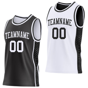 Uksn Individuelles Schwarz-Weiß Mamba-Schlangenhaut Seitenstreifen Wendbar Doppelseitig Sublimation Basketball-Set Trikot