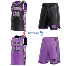 Laden Sie das Bild in den Galerie-Viewer, Uksn Individuelles Schwarz Mittelviolett-Weiß Camouflage Seitenstreifen Wendbar Doppelseitig Sublimation Basketball-Set Trikot
