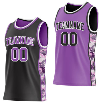 Uksn Individuelles Schwarz Mittelviolett-Weiß Camouflage Seitenstreifen Wendbar Doppelseitig Sublimation Basketball-Set Trikot