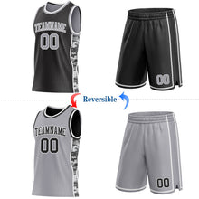 Laden Sie das Bild in den Galerie-Viewer, Uksn Individuelles Schwarz Grau-Weiß Camouflage Seitenstreifen Wendbar Doppelseitig Sublimation Basketball-Set Trikot
