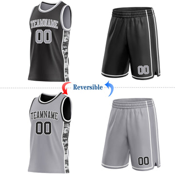 Uksn Individuelles Schwarz Grau-Weiß Camouflage Seitenstreifen Wendbar Doppelseitig Sublimation Basketball-Set Trikot