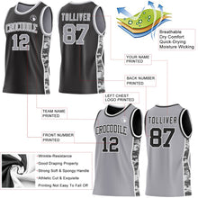Laden Sie das Bild in den Galerie-Viewer, Uksn Individuelles Schwarz Grau-Weiß Camouflage Seitenstreifen Wendbar Doppelseitig Sublimation Basketball-Set Trikot
