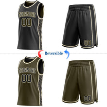 Laden Sie das Bild in den Galerie-Viewer, Uksn Individuelles Schwarz Oliv-Creme Camouflage Seitenstreifen Wendbar Doppelseitig Sublimation Basketball-Set Trikot
