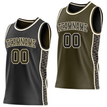 Laden Sie das Bild in den Galerie-Viewer, Uksn Individuelles Schwarz Oliv-Creme Camouflage Seitenstreifen Wendbar Doppelseitig Sublimation Basketball-Set Trikot
