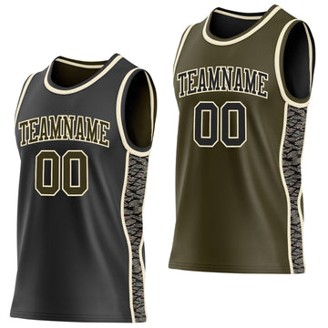 Uksn Individuelles Schwarz Oliv-Creme Camouflage Seitenstreifen Wendbar Doppelseitig Sublimation Basketball-Set Trikot