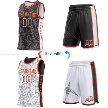 Uksn Individuelles Schwarz Weiß-Orange Seitenstreifen Sterne Geometrisch Splitter Sternenburst Wendbar Doppelseitig Sublimation Basketball-Set Trikot