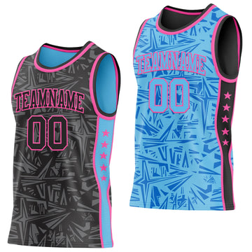 Uksn Individuelles Schwarz Pink-Himmelblau Seitenstreifen Sterne Geometrisch Splitter Sternenburst Wendbar Doppelseitig Sublimation Basketball-Set Trikot