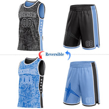 Laden Sie das Bild in den Galerie-Viewer, Uksn Individuelles Schwarz Weiß-Hellblau Seitenstreifen Sterne Geometrisch Splitter Sternenburst Wendbar Doppelseitig Sublimation Basketball-Set Trikot
