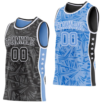 Uksn Individuelles Schwarz Weiß-Hellblau Seitenstreifen Sterne Geometrisch Splitter Sternenburst Wendbar Doppelseitig Sublimation Basketball-Set Trikot
