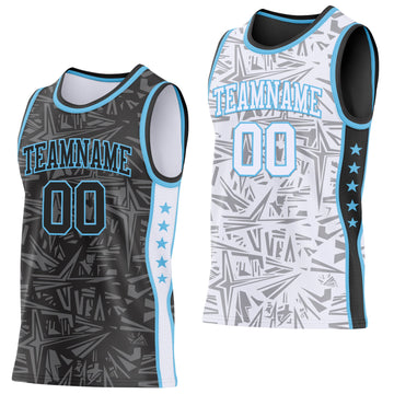 Uksn Individuelles Schwarz Himmelblau-Weiß Seitenstreifen Sterne Geometrisch Splitter Sternenburst Wendbar Doppelseitig Sublimation Basketball-Set Trikot
