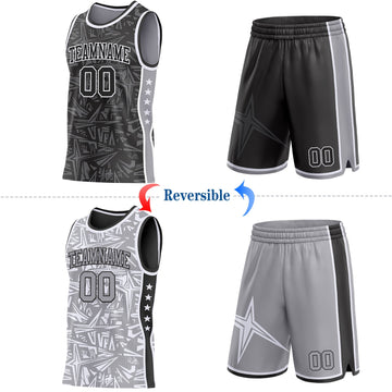 Uksn Individuelles Schwarz Weiß-Grau Seitenstreifen Sterne Geometrisch Splitter Sternenburst Wendbar Doppelseitig Sublimation Basketball-Set Trikot