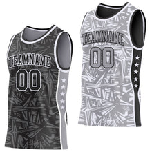 Laden Sie das Bild in den Galerie-Viewer, Uksn Individuelles Schwarz Weiß-Grau Seitenstreifen Sterne Geometrisch Splitter Sternenburst Wendbar Doppelseitig Sublimation Basketball-Set Trikot
