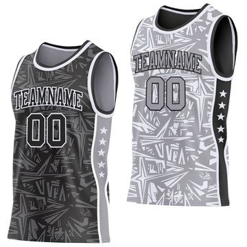 Uksn Individuelles Schwarz Weiß-Grau Seitenstreifen Sterne Geometrisch Splitter Sternenburst Wendbar Doppelseitig Sublimation Basketball-Set Trikot