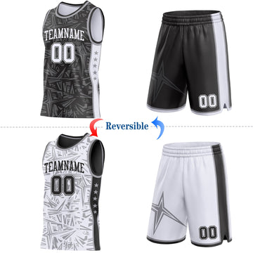 Uksn Individuelles Schwarz Weiß-Grau Seitenstreifen Sterne Geometrisch Splitter Sternenburst Wendbar Doppelseitig Sublimation Basketball-Set Trikot