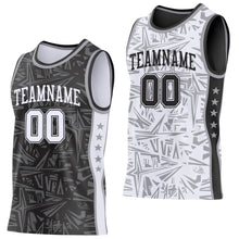 Laden Sie das Bild in den Galerie-Viewer, Uksn Individuelles Schwarz Weiß-Grau Seitenstreifen Sterne Geometrisch Splitter Sternenburst Wendbar Doppelseitig Sublimation Basketball-Set Trikot
