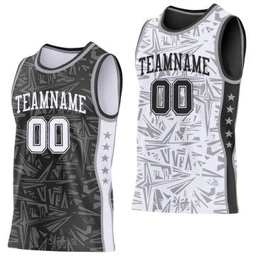Uksn Individuelles Schwarz Weiß-Grau Seitenstreifen Sterne Geometrisch Splitter Sternenburst Wendbar Doppelseitig Sublimation Basketball-Set Trikot