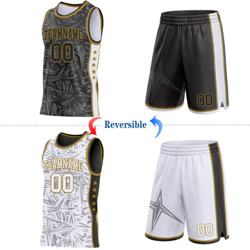 Uksn Individuelles Schwarz Altgold-Weiß Seitenstreifen Sterne Geometrisch Splitter Sternenburst Wendbar Doppelseitig Sublimation Basketball-Set Trikot