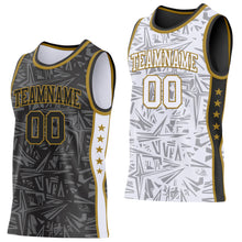 Laden Sie das Bild in den Galerie-Viewer, Uksn Individuelles Schwarz Altgold-Weiß Seitenstreifen Sterne Geometrisch Splitter Sternenburst Wendbar Doppelseitig Sublimation Basketball-Set Trikot
