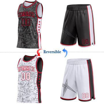 Uksn Individuelles Schwarz Rot-Weiß Seitenstreifen Sterne Geometrisch Splitter Sternenburst Wendbar Doppelseitig Sublimation Basketball-Set Trikot