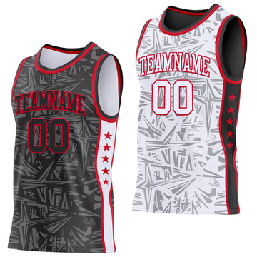 Uksn Individuelles Schwarz Rot-Weiß Seitenstreifen Sterne Geometrisch Splitter Sternenburst Wendbar Doppelseitig Sublimation Basketball-Set Trikot