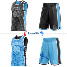 Laden Sie das Bild in den Galerie-Viewer, Uksn Individuelles Schwarz Weiß-Himmelblau Seitenstreifen Sterne Geometrisch Splitter Sternenburst Wendbar Doppelseitig Sublimation Basketball-Set Trikot
