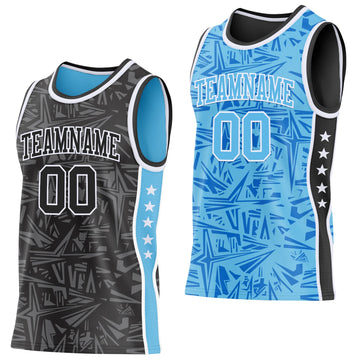Uksn Individuelles Schwarz Weiß-Himmelblau Seitenstreifen Sterne Geometrisch Splitter Sternenburst Wendbar Doppelseitig Sublimation Basketball-Set Trikot