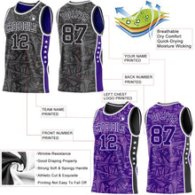 Laden Sie das Bild in den Galerie-Viewer, Uksn Individuelles Schwarz Weiß-Violett Seitenstreifen Sterne Geometrisch Splitter Sternenburst Wendbar Doppelseitig Sublimation Basketball-Set Trikot
