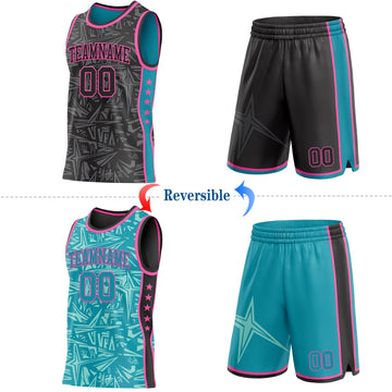 Uksn Individuelles Schwarz Pink-Petrol Seitenstreifen Sterne Geometrisch Splitter Sternenburst Wendbar Doppelseitig Sublimation Basketball-Set Trikot