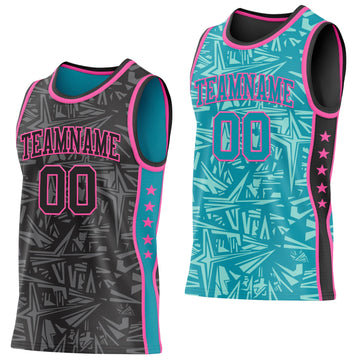 Uksn Individuelles Schwarz Pink-Petrol Seitenstreifen Sterne Geometrisch Splitter Sternenburst Wendbar Doppelseitig Sublimation Basketball-Set Trikot