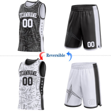 Uksn Individuelles Schwarz Weiß-Grau Seitenstreifen Sterne Geometrisch Splitter Sternenburst Wendbar Doppelseitig Sublimation Basketball-Set Trikot