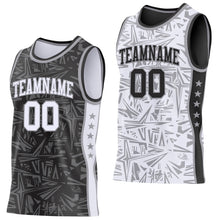 Laden Sie das Bild in den Galerie-Viewer, Uksn Individuelles Schwarz Weiß-Grau Seitenstreifen Sterne Geometrisch Splitter Sternenburst Wendbar Doppelseitig Sublimation Basketball-Set Trikot
