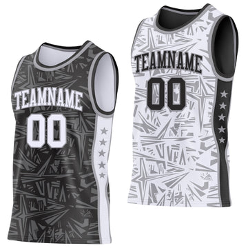 Uksn Individuelles Schwarz Weiß-Grau Seitenstreifen Sterne Geometrisch Splitter Sternenburst Wendbar Doppelseitig Sublimation Basketball-Set Trikot