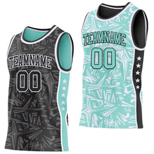 Laden Sie das Bild in den Galerie-Viewer, Uksn Individuelles Schwarz Weiß-Eisblau Seitenstreifen Sterne Geometrisch Splitter Sternenburst Wendbar Doppelseitig Sublimation Basketball-Set Trikot
