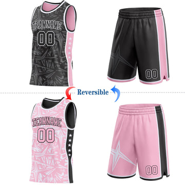 Uksn Individuelles Schwarz Weiß-Hellrosa Seitenstreifen Sterne Geometrisch Splitter Sternenburst Wendbar Doppelseitig Sublimation Basketball-Set Trikot