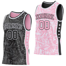 Laden Sie das Bild in den Galerie-Viewer, Uksn Individuelles Schwarz Weiß-Hellrosa Seitenstreifen Sterne Geometrisch Splitter Sternenburst Wendbar Doppelseitig Sublimation Basketball-Set Trikot
