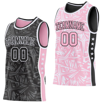 Uksn Individuelles Schwarz Weiß-Hellrosa Seitenstreifen Sterne Geometrisch Splitter Sternenburst Wendbar Doppelseitig Sublimation Basketball-Set Trikot