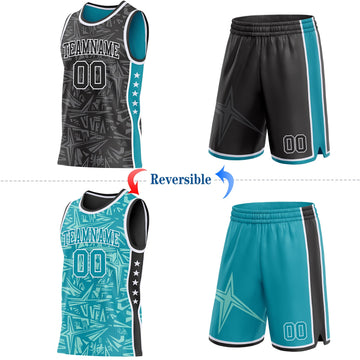 Uksn Individuelles Schwarz Weiß-Petrol Seitenstreifen Sterne Geometrisch Splitter Sternenburst Wendbar Doppelseitig Sublimation Basketball-Set Trikot