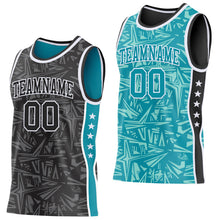 Laden Sie das Bild in den Galerie-Viewer, Uksn Individuelles Schwarz Weiß-Petrol Seitenstreifen Sterne Geometrisch Splitter Sternenburst Wendbar Doppelseitig Sublimation Basketball-Set Trikot
