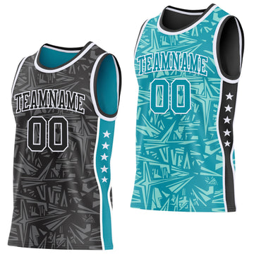 Uksn Individuelles Schwarz Weiß-Petrol Seitenstreifen Sterne Geometrisch Splitter Sternenburst Wendbar Doppelseitig Sublimation Basketball-Set Trikot
