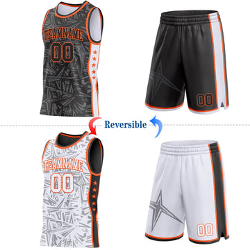 Uksn Individuelles Schwarz Orange-Weiß Seitenstreifen Sterne Geometrisch Splitter Sternenburst Wendbar Doppelseitig Sublimation Basketball-Set Trikot