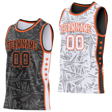 Uksn Individuelles Schwarz Orange-Weiß Seitenstreifen Sterne Geometrisch Splitter Sternenburst Wendbar Doppelseitig Sublimation Basketball-Set Trikot