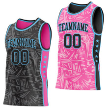 Laden Sie das Bild in den Galerie-Viewer, Uksn Individuelles Schwarz Himmelblau-Pink Seitenstreifen Sterne Geometrisch Splitter Sternenburst Wendbar Doppelseitig Sublimation Basketball-Set Trikot
