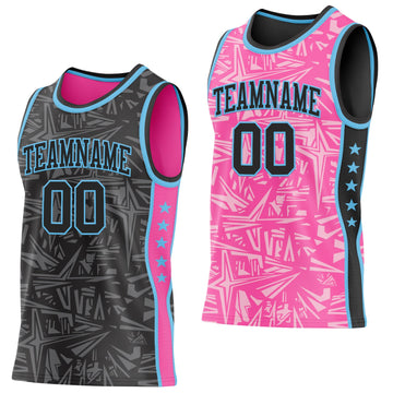 Uksn Individuelles Schwarz Himmelblau-Pink Seitenstreifen Sterne Geometrisch Splitter Sternenburst Wendbar Doppelseitig Sublimation Basketball-Set Trikot