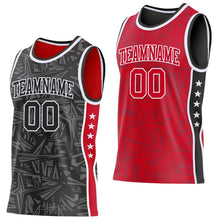 Laden Sie das Bild in den Galerie-Viewer, Uksn Individuelles Schwarz Weiß-Rot Seitenstreifen Sterne Geometrisch Splitter Sternenburst Wendbar Doppelseitig Sublimation Basketball-Set Trikot
