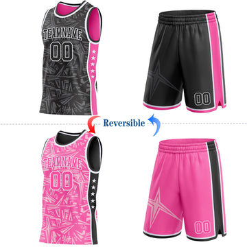Uksn Individuelles Schwarz Weiß-Pink Seitenstreifen Sterne Geometrisch Splitter Sternenburst Wendbar Doppelseitig Sublimation Basketball-Set Trikot